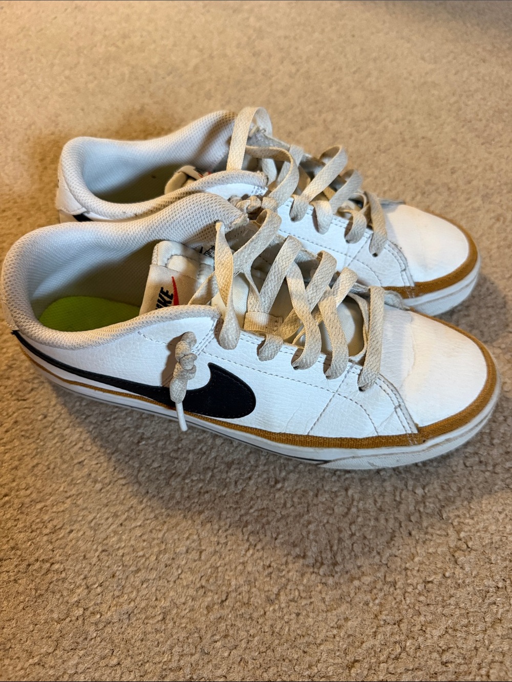 Nike Women’s White Sneakers with Black Swoosh and Tan Trim